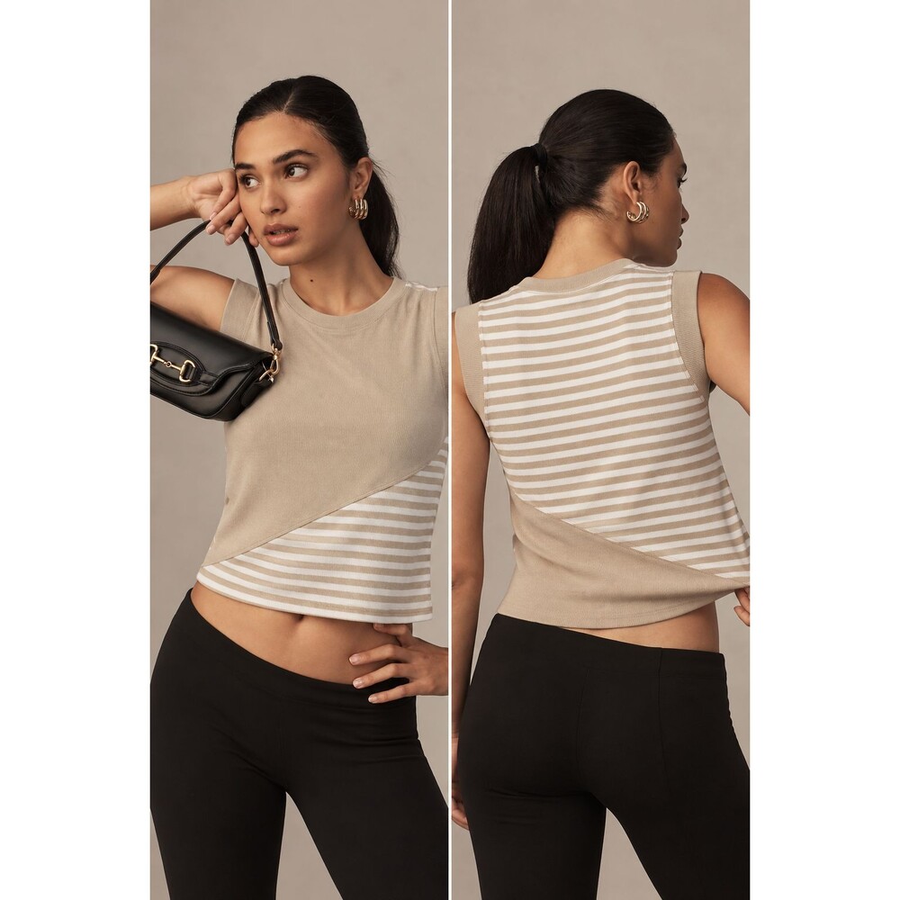 Anthropologie Maeve Womens M Tan Stripe Ribbed Muscle Tank Summer Classic Sporty